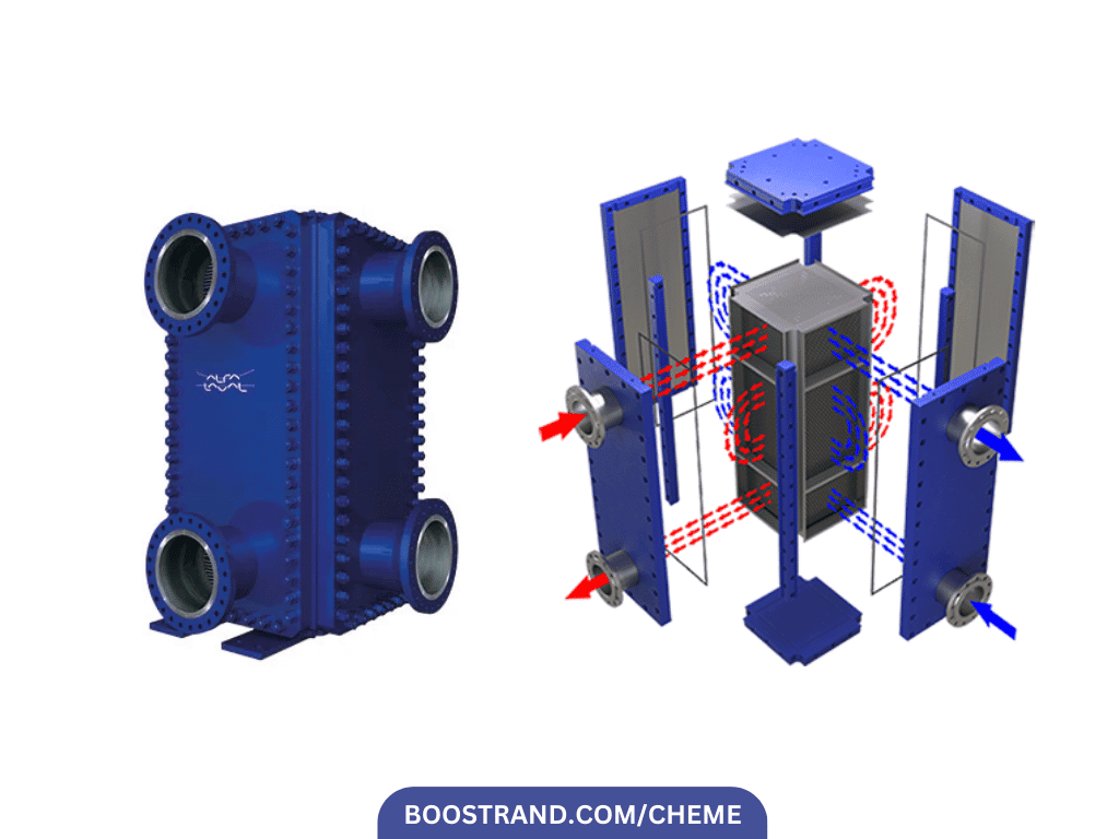 A welded plate and frame heat exchanger used in rich lean amine service