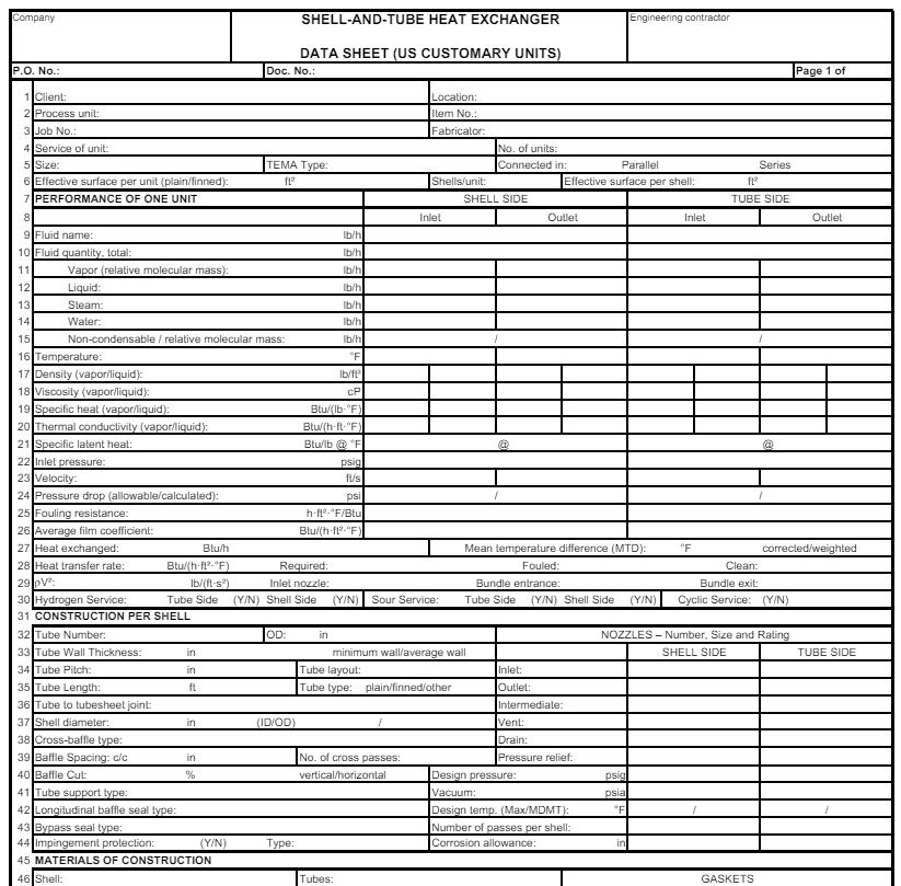 Part of a shell and tube exchanger datasheet suggested by API 660