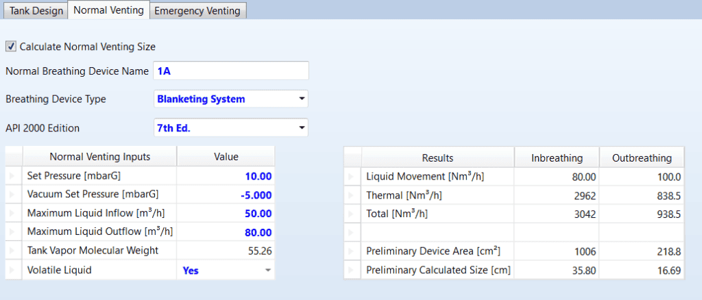 Example of HYSYS calculation of breather capacity and size